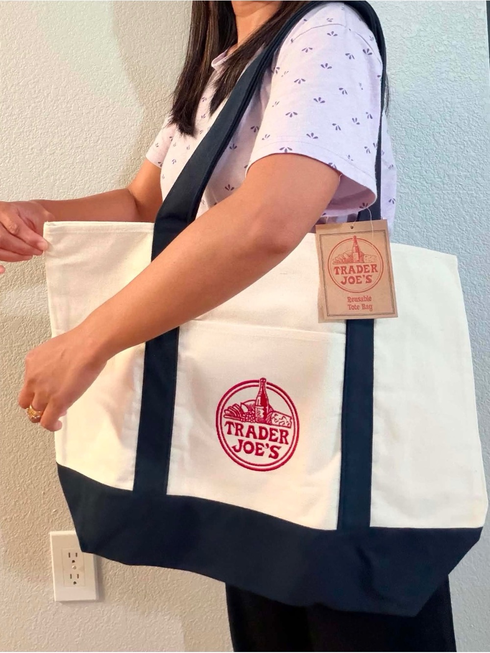 Trader Joe's Cream and Black Canvas Tote